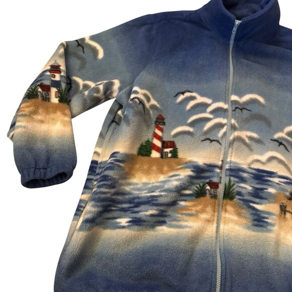 Vtg Blair Mens Jacket L Lighthouse AOP Theme Fleece Zip Up Outdoor Retro Ocean - Picture 2 of 13